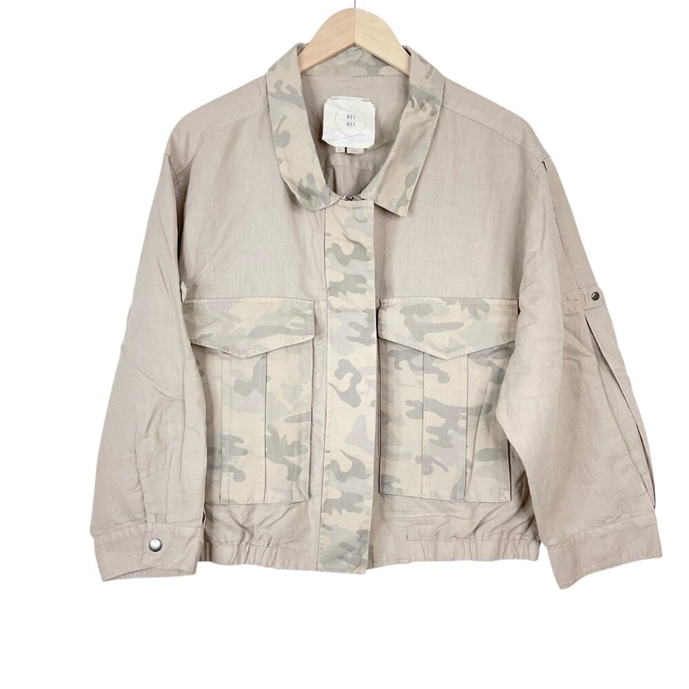 Anthropologie Hei Hei Ronan Camo Linen Jacket Tan Size XL